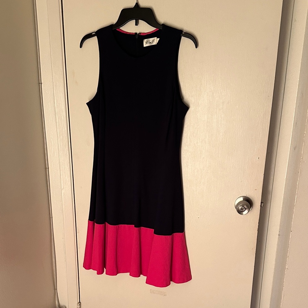 Navy and Pink Sleeveless Colorblock Fit and Flare Dress